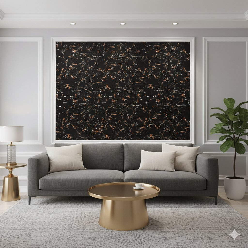 Ce papier peint (ou revêtement adhésif) présente un motif marbré très sombre et saisissant, avec des accents de couleur chaude.
autocollant 10m*0.60cm – Image 2